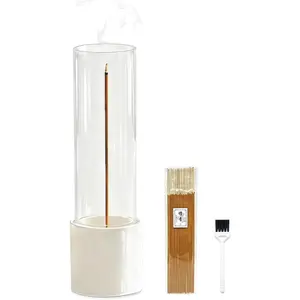 Ceramic Incense Holder for Sticks with Glass Ash Catcher, Anti-ash Incense Burner with 20 Incense Sticks and Ash Brush for Meditation Yoga Spa Room Decor