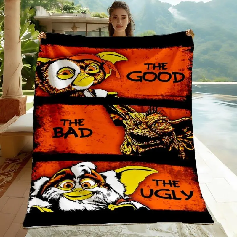 Gremlins Gizmo Three Panel The Good The Bad The Ugly Orange Grunge Flannel Throw Blanket 80s Retro Monster Movie Warm Blanket Gift Fans All Ages