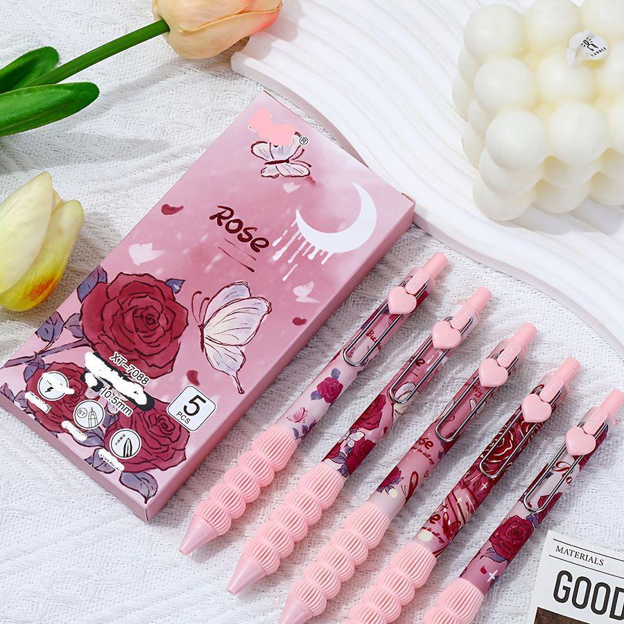 1 box of 5 pink heart click gel pen romantic red rose high value study office signature pen Valentine's Day gift College Student Pen