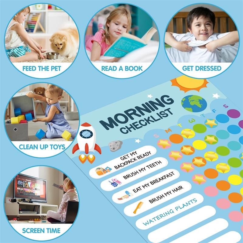 Morning & Bedtime Routine Chart Poster for Kids, Magnetic Sticker Daily ...