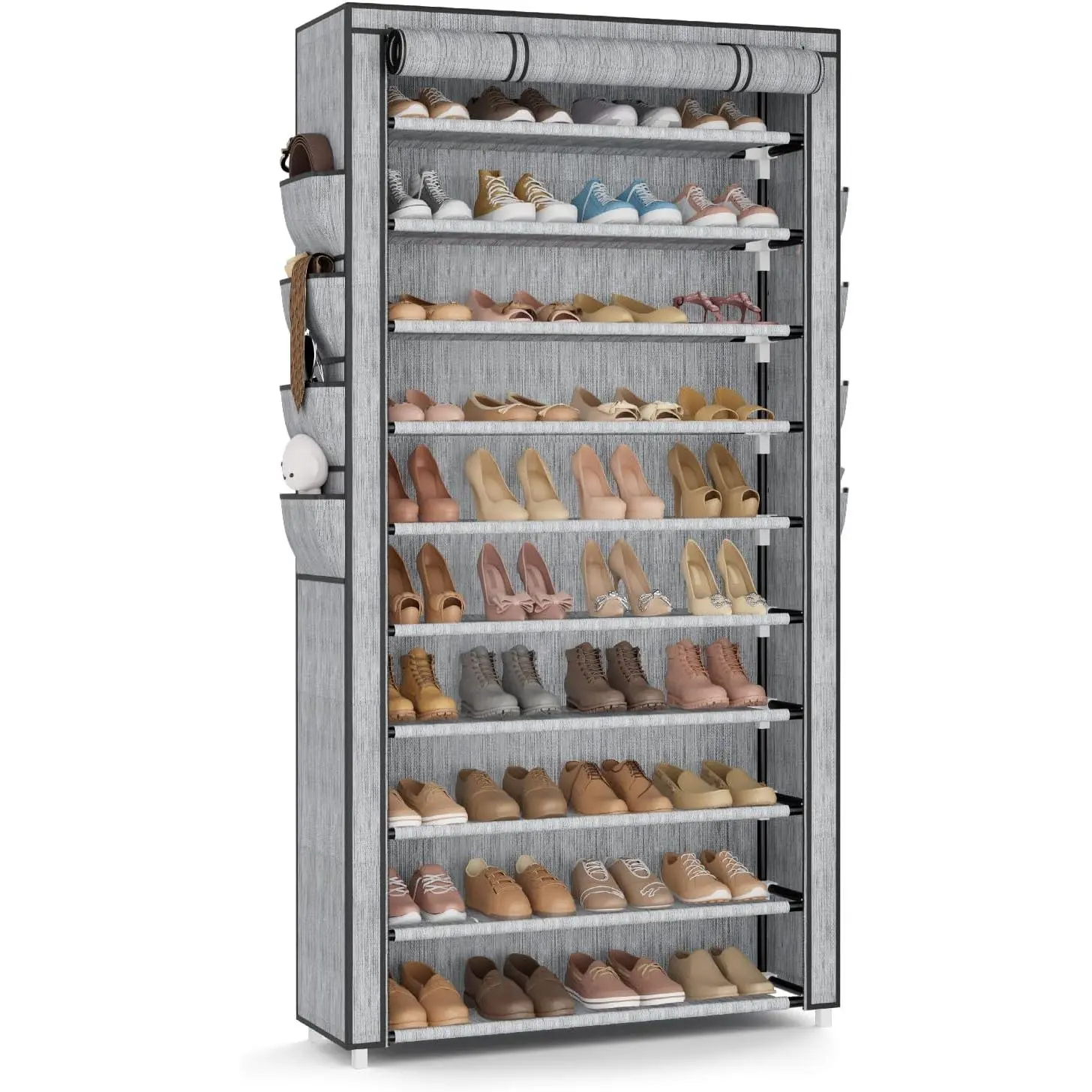 Tall Shoe Rack with Cover, 10 Tier Shoe Organizer Storage for 50-55 Pairs Shoes and Boots Large Capacity Shoe Shelf with 8 Pockets Free Standing Shoe Rack for Closet, Entryway, Garage, Printing