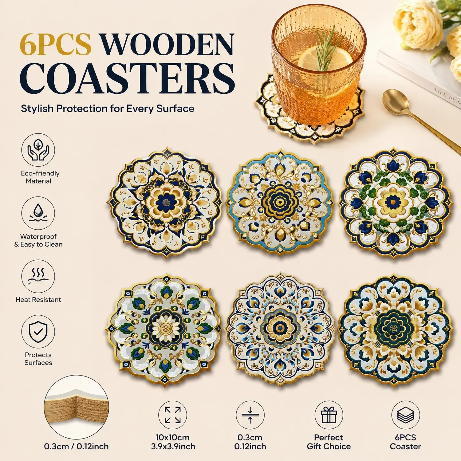 6PCS Moroccan Mandala Wooden Coasters | Blue & Gold Scalloped Design | Luxury Boho Home Decor | Coffee Tea Party Table Mat | Eco-Friendly Heat Resistant | Elegant Gift 🌟