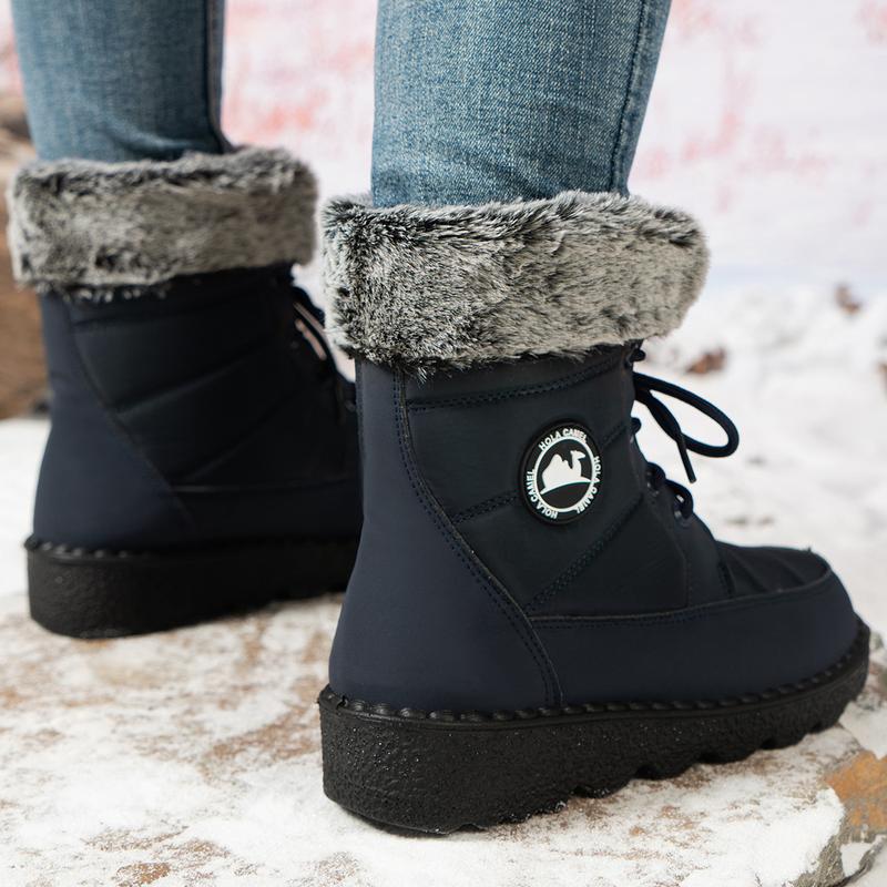 Women's Snow Boots Insulated Waterproof Winter Boots for Women Warm Fur Lined Booties High-heeled Snow Boots Lace-Up Mid-Calf Design Faux Fur Cozy Warm Black