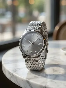 Men's Automatic Mechanical Watch, Multi-Bead Steel Band, Round Dial, Roman Numerals, Crystal Strap, Calendar Display, Business Formal