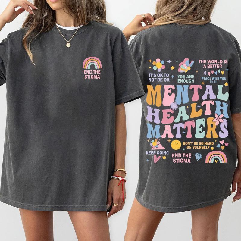 Mental Health Washed T-Shirt, Vintage Positive Quote Graphic, Inspirational Floral Graphic Tee For Women, Soft Breathable Fabric, Fashion Streetwear, Outfits For All Seasons