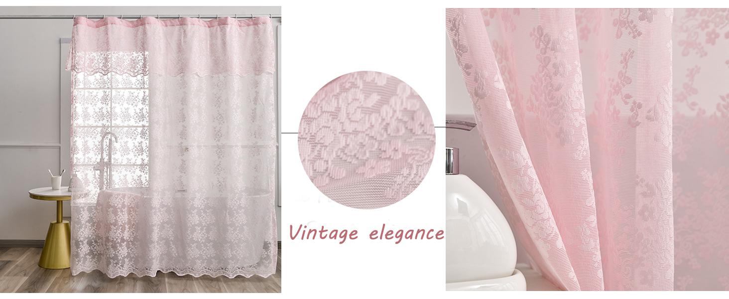 Pink Lace Shower Curtain - Vintage Shower Curtain with Attached Valance, Floral Lace Bath Curtain for Bathroom, Farmhouse Style Shabby Chic Bath Curtain Sc