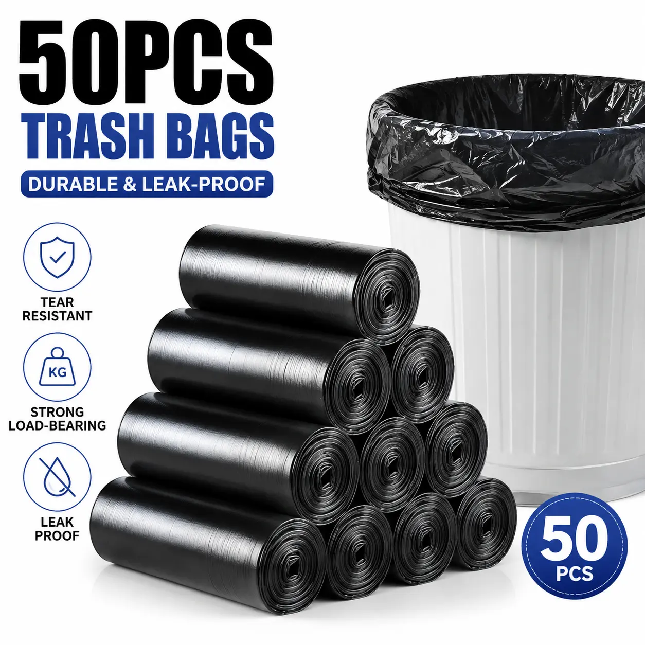 50 & 100 Pcs Thick Large Disposable Trash Bags, Garbage Bags,Multi-Purpose Storage Bags, Kitchen, Bathroom, Bedroom, Living Room, Toilet-YY1