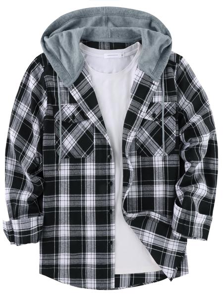 Men's Flannel Hoodie Long Sleeve Fashion Plaid Hooded Shirt Button Neckline with Pockets, Casual Winter Wear for Men