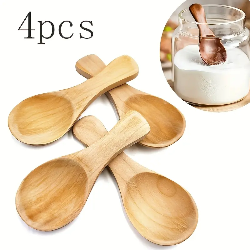 4Pcs Mini Wooden Spoons, 3.15in/8cm Short Handle Small Spoons, Exquisite Wooden Spoon for Dessert Ice Cream Yogurt Seasoning Baby Formula Tea, Home & Back‑to‑School Supplies