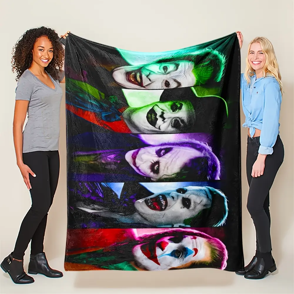 1pc  Comics Classic Joker Vertical Stripe Patchwork Flannel Throw Blanket, Featuring Neon Contrasting Light and Shadow Cartoon Patterns, Made of Soft Fabric |   Office Nap Shawl Blanket, Car Portable Coverlet, Gaming Room Bedspread |   Lightweight