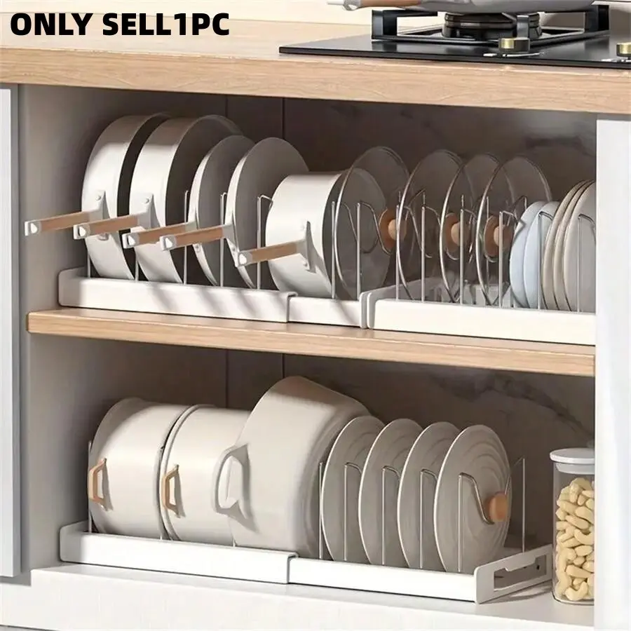 Expandable Kitchen Drawer Rack, Space-Saving Pull-Out Design, Adjustable Lid Holder, Efficient Storage for Utensils on Countertop and Cabinets, Adjustable Racks
