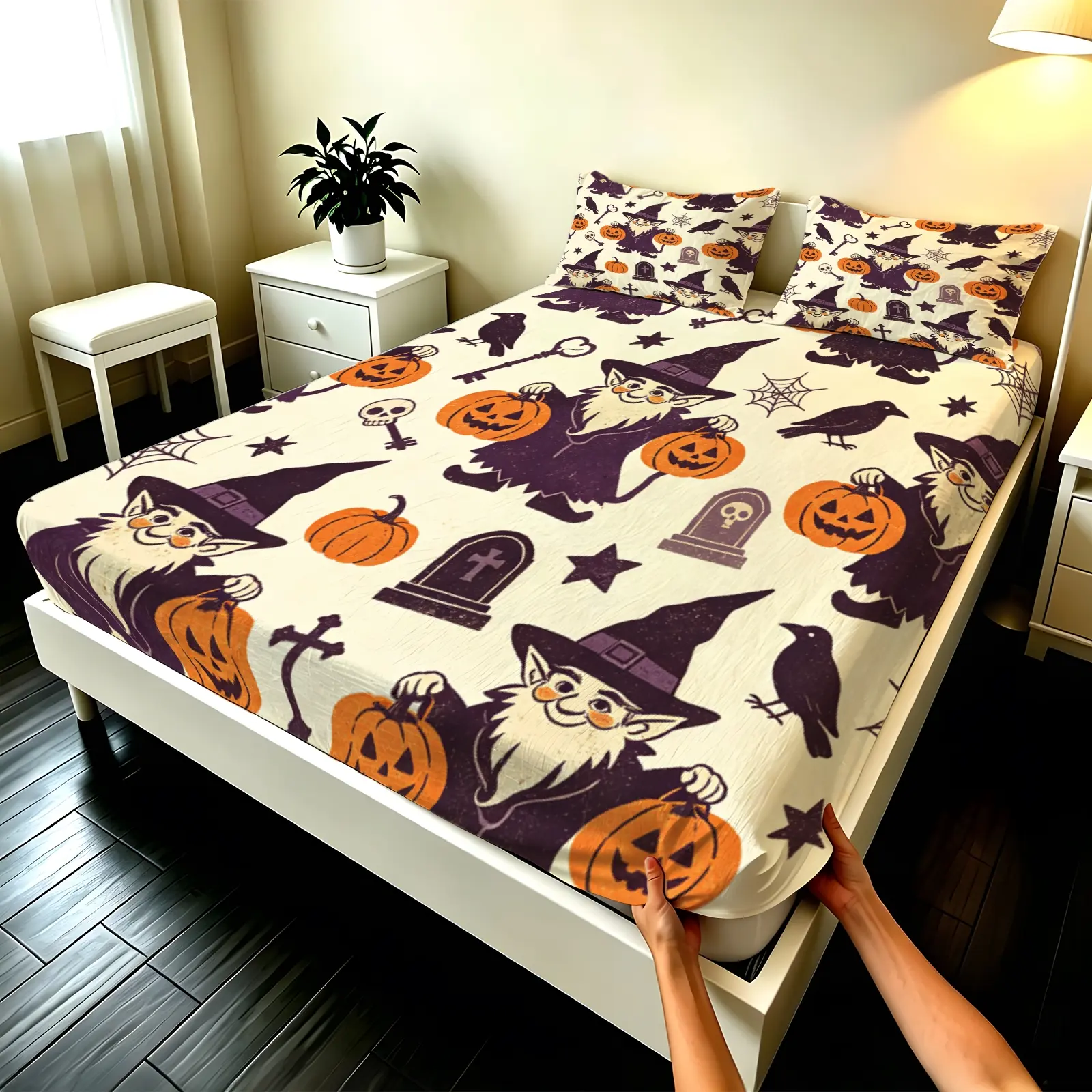 3pcs Fitted sheet Halloween Spooky Witch Pumpkin Crow Spider Web Pattern Bedding Set, Soft Microfiber Breathable Wrinkle Resistant Fade Proof Comfortable Bed Cover Set for Bedroom Home Halloween Decor, Fits Twin Full Queen King Cal King Size