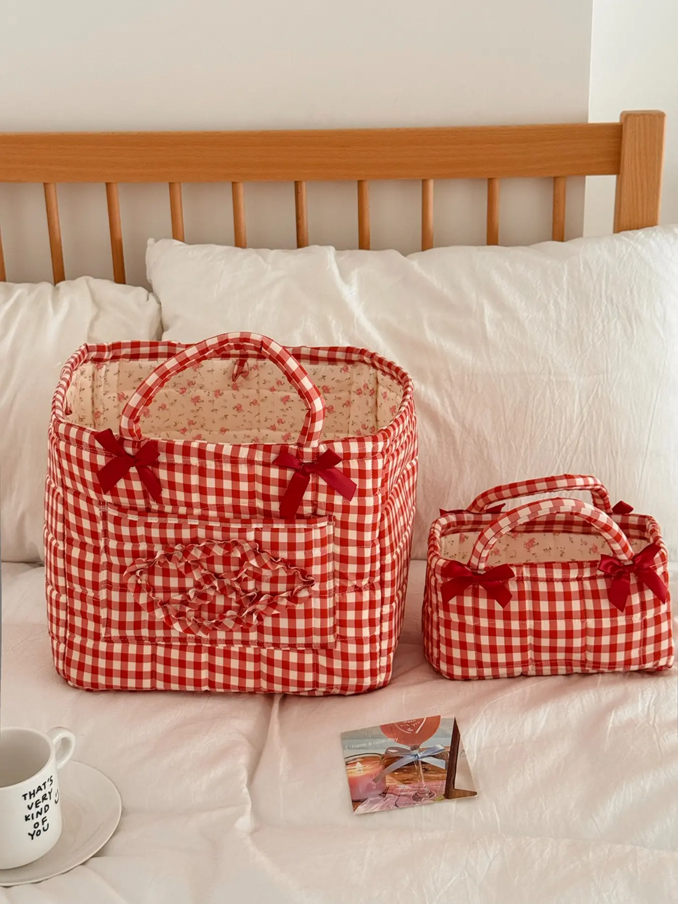 Vintage Plaid Quilted Storage Basket Set, Floral Lining, Bedroom Skincare Clothing Handbag, Daily Home Travel Organizer, Versatile Storage Basket