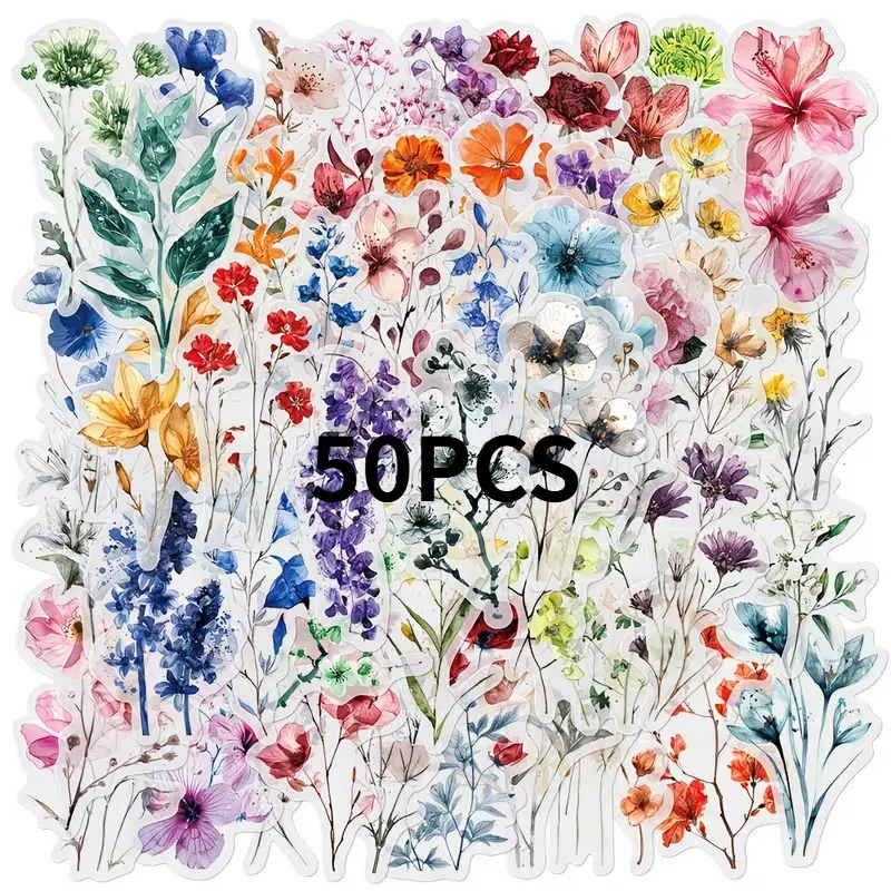 50 Transparent Flower Stickers, Pet Plant Floral Decorations, Ideal for Scrapbooks, Scrapbook Decals, DIY Crafts, Guitars, Notebooks