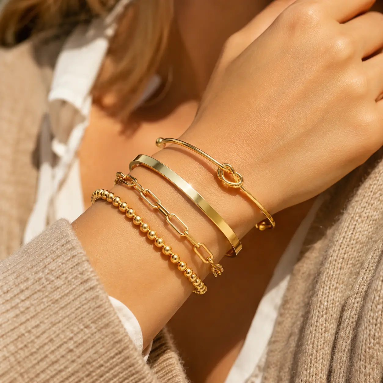 Gold Stackable Bracelet Set for Women, Layered Bangle & Chain Bracelets, Minimalist Fashion Jewelry Gift