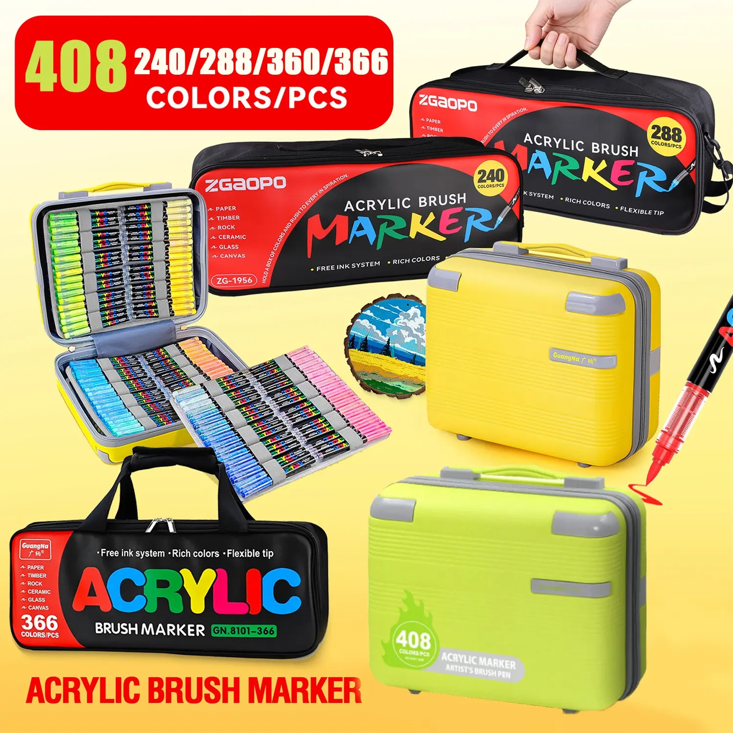 Acrylic Soft Tip Markers, 240/288/360/366/408 Colors, Portable Case & Luggage, Direct Ink Control, High Coverage, Art Supplies Essential