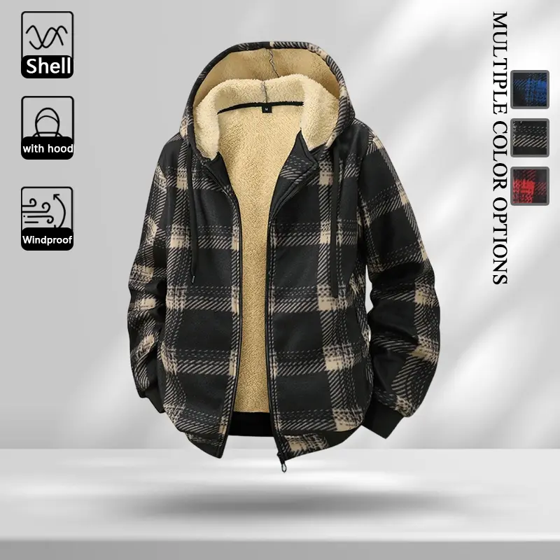 Mens Spring Fall Plaid Windproof Hooded Jacket, Classic Grid Pattern Zip & Snap Button Coat, Drawstring Hood Rib Trim Cuff Hem Wrinkle Resistant Long Sleeve Outerwear