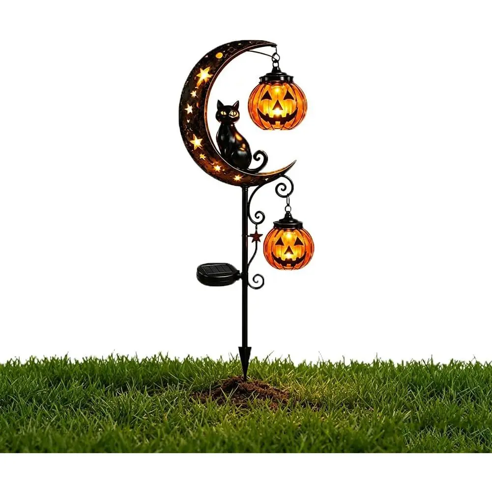 Solar Halloween Garden Stake Light, Black Cat Pumpkin Crescent Moon LED Yard Decor, Waterproof Outdoor Decoration for Patio, Walkway, Porch and Halloween Home Decor