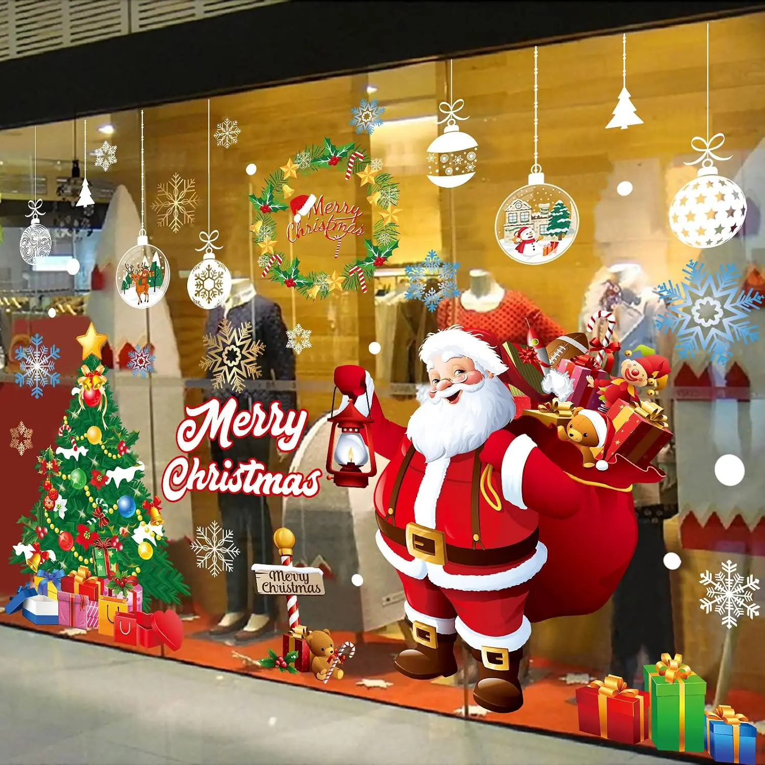 30x90cm 71-Piece Modern Synthetic Christmas Window Clings, Cute Large Santa Claus Snowflake Double-Sided Glass Decorations for Holiday Party
