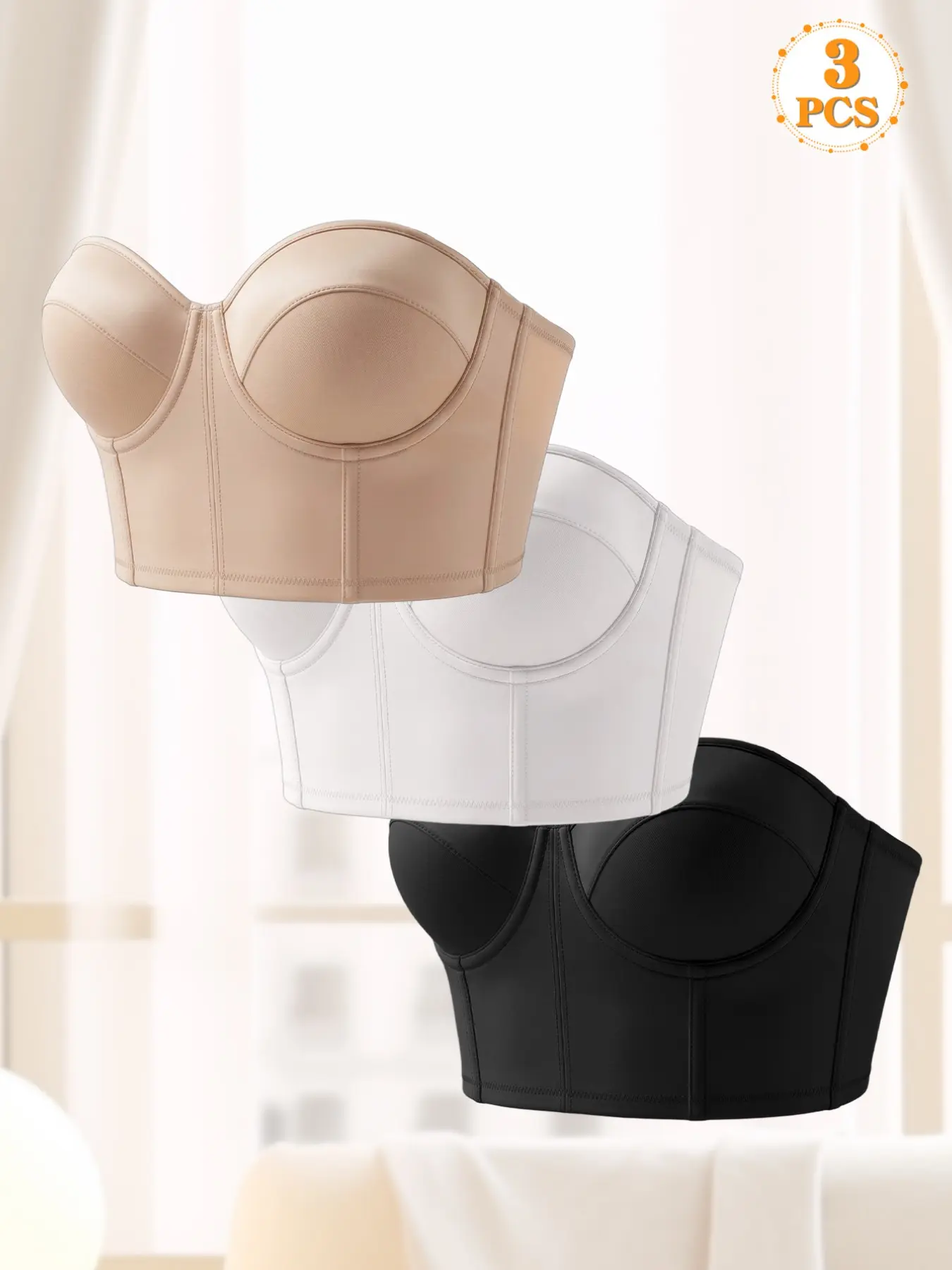 1/2/3PCSWomen Nude Longline Shaping Boned Bustier Strapless Bra With Detachable Clear Anti-Slip Straps, Adjustable Strap Bra, Push Up Lingerie For Small Bust, Perfect Match For Wedding Party Date Off-Shoulder Dresses
