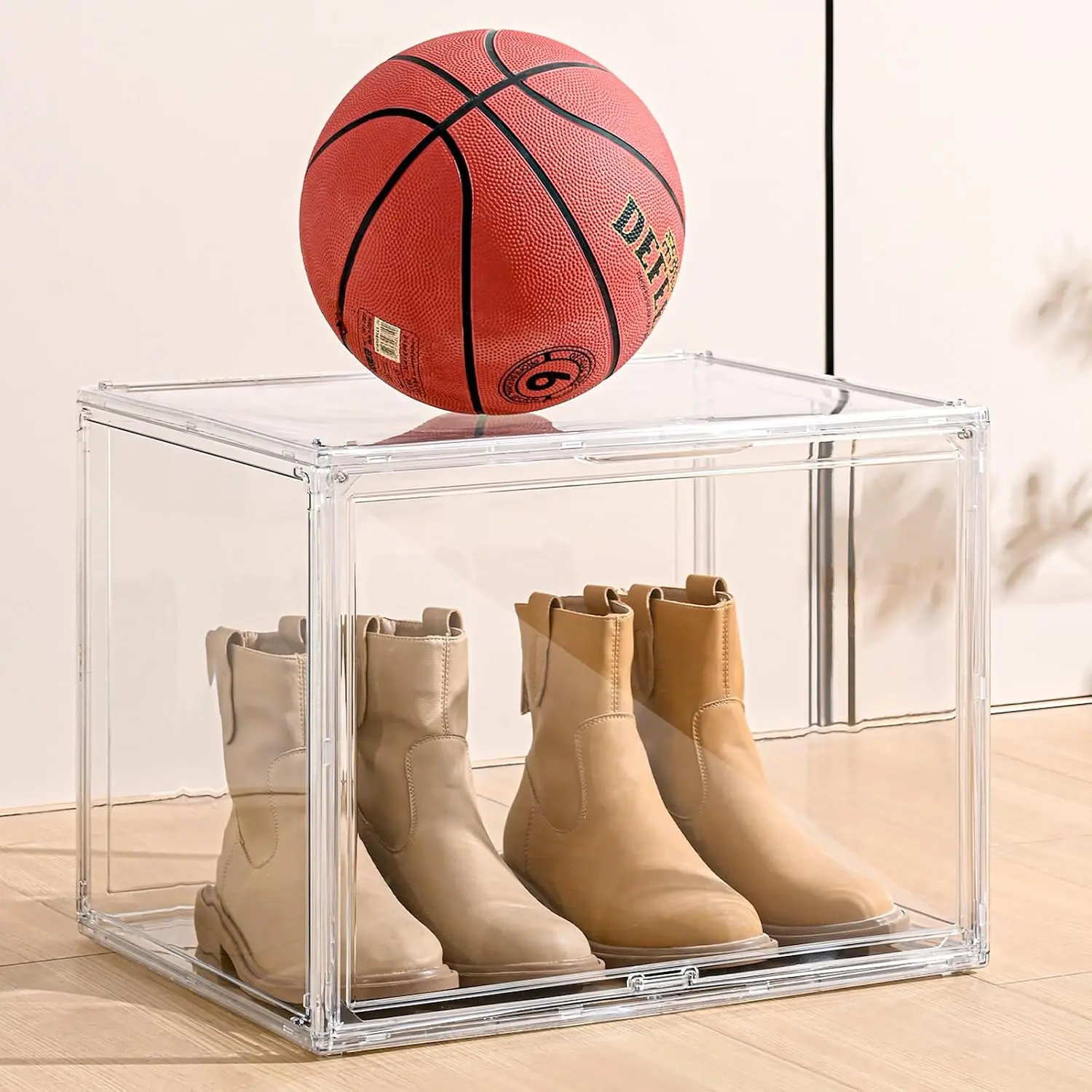 XXX-Large Clear Display Case 17.7" x 13" x 13"  Display Organizer Box with  Door, Stackable  Storage Bin for Boots, Shoes, Collectibles, Bags, Figures