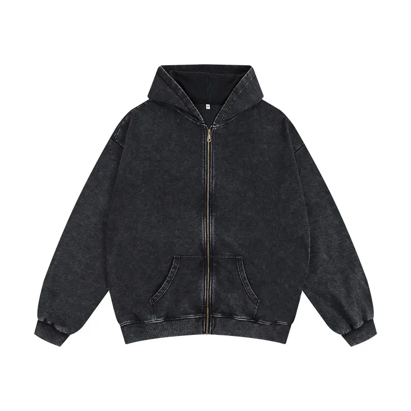 Men's Streetwear Zip Up Hoodie, Oversized Vintage Washed Cotton Blend Sweatshirts with a Distressed Look and Drop Shoulders, Menswear, Casual Drop Shoulder Hooded Grey Hoodie Dark Gray Hoodies Tops