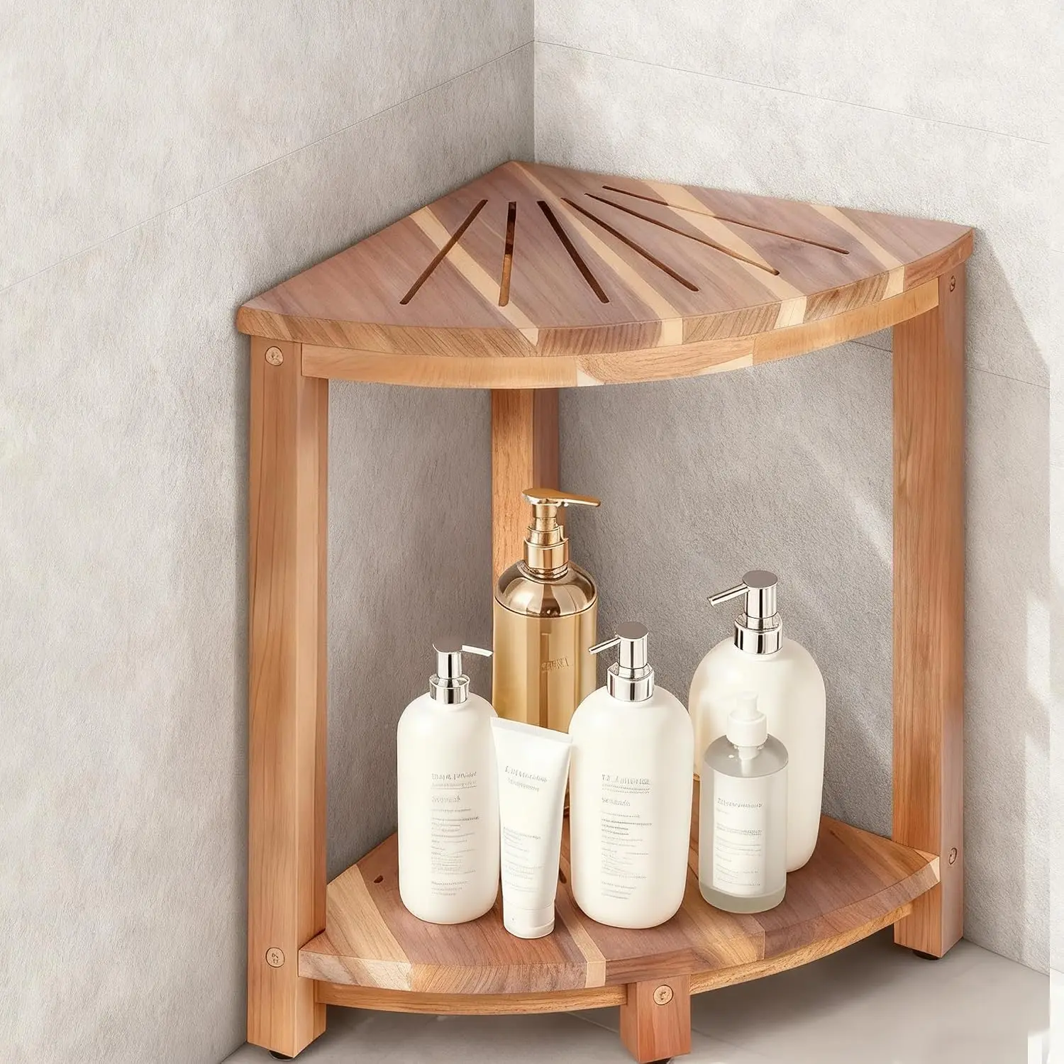 Bathroom Corner Shower Stool with Storage Shelf, Shower  Stool, Non-Slip Adjustable  Drain Holes, for Shaving , SpacemSaving Shower Bench with Storage for Small Spaces