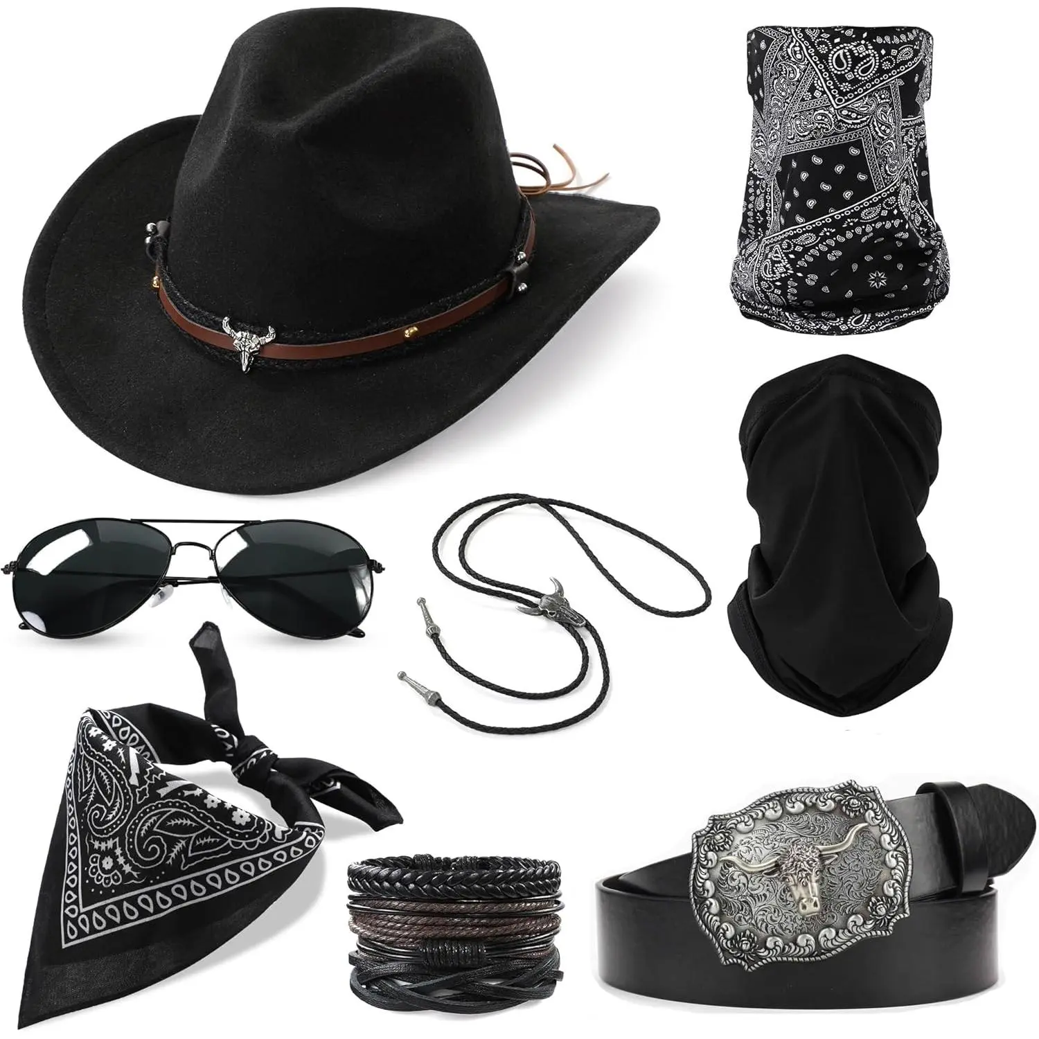Western Cowboy Costume Outfit for Men Cowboy Hat Belt Neck Gaiter Face Cover Accessories for Halloween Party Cosplay