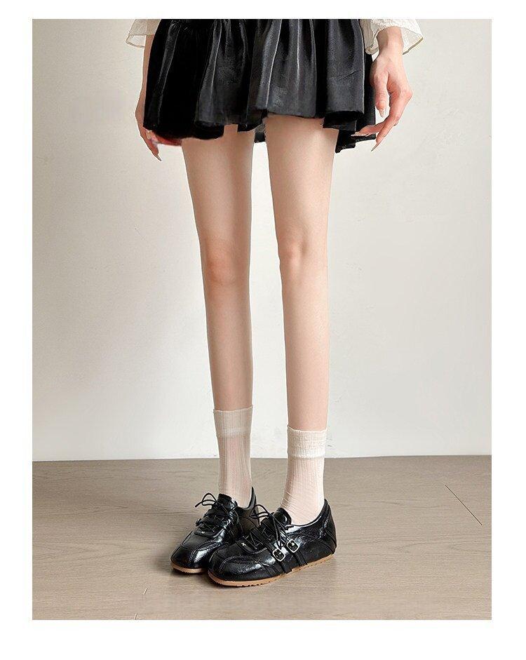 2026 Spring Collection: Patchwork Small Round-Toe Lace-Up Leather Shoes, Casual Ballet-Style Double Buckle Height-Increasing German Training Shoes