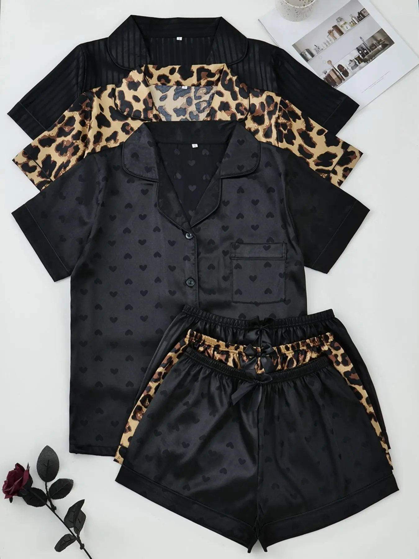 Fashion Six-Piece Women's Satin Pajama Set, Comfortable Summer Sleepwear Loungewear, Button Top and Bow Front Shorts, Elegant Nightgown Collection
