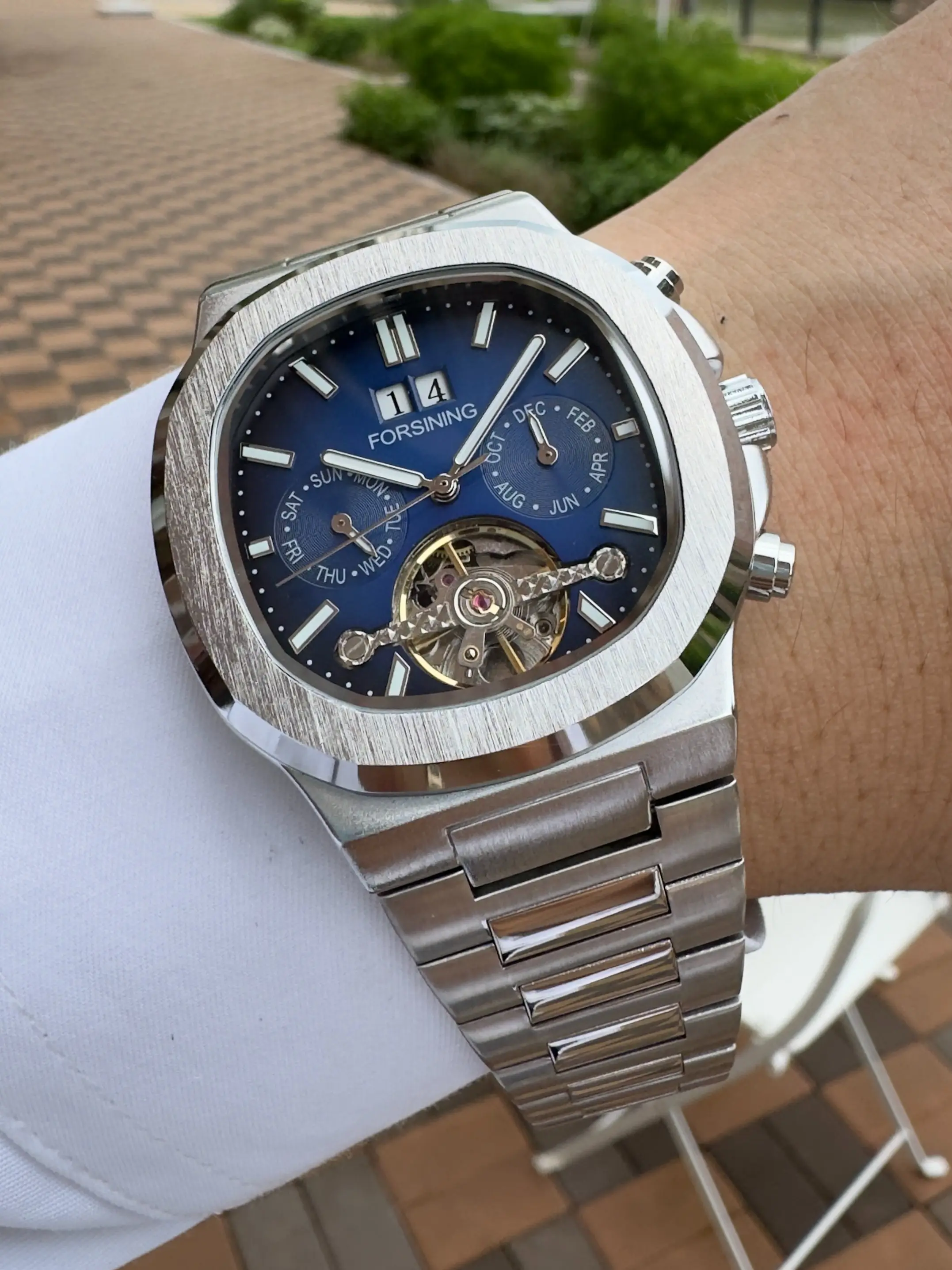 1pc Business Luxury Tourbillon Skeleton Automatic Mechanical Watch for Men Moon Phase Top Brand Stainless Steel Strap Fashion Mens Watches