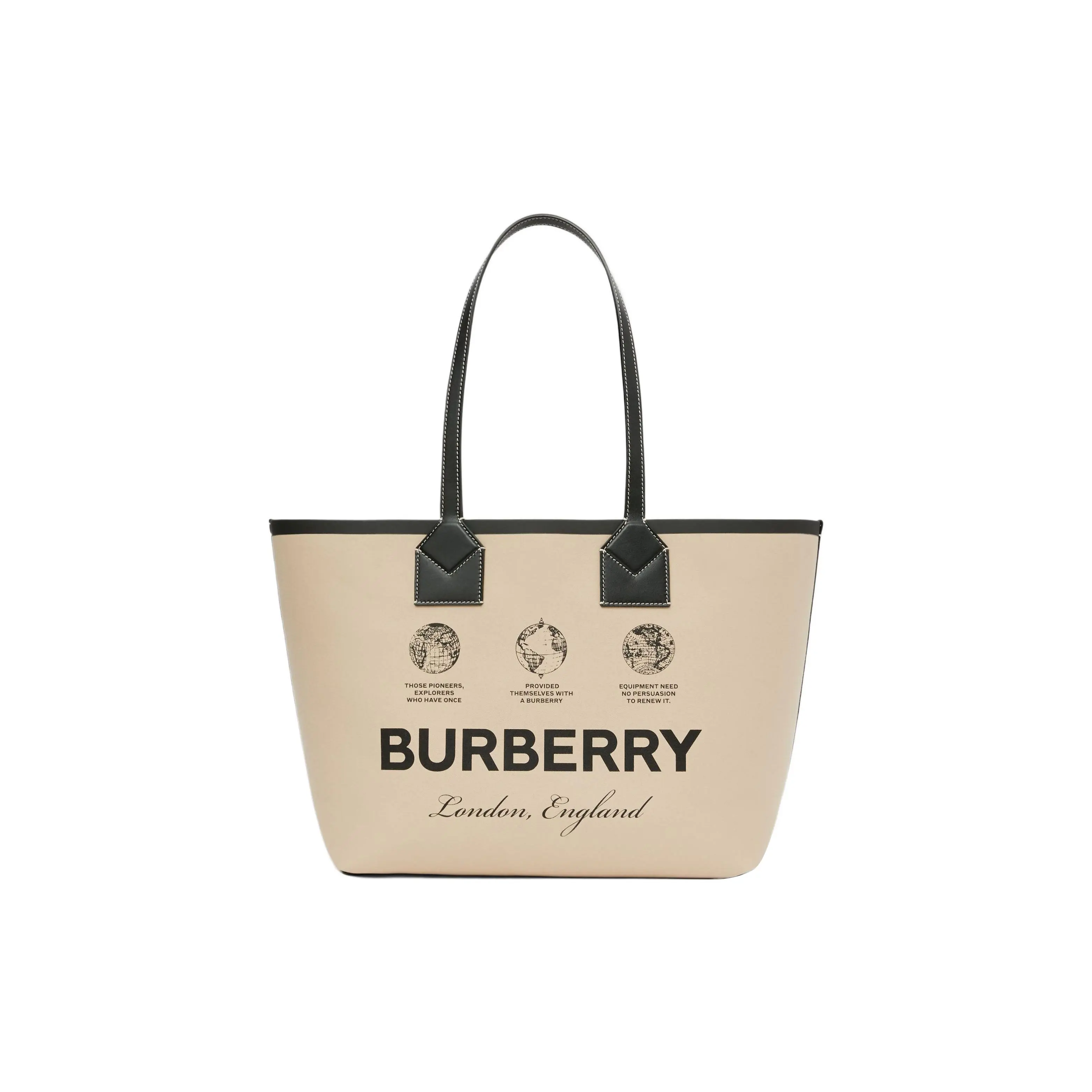 Burberry Medium Tote Bag for Women – Cotton and Calfskin with Bright Decorative Label Print, Khaki