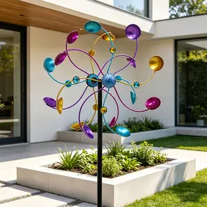 Multicolor Metal Garden Windmill, Dual-Sided Rotating Kinetic Windmill with Shiny Gem Decor, 360 Rotation Sculpture for Patio, Lawn, Backyard Decoration