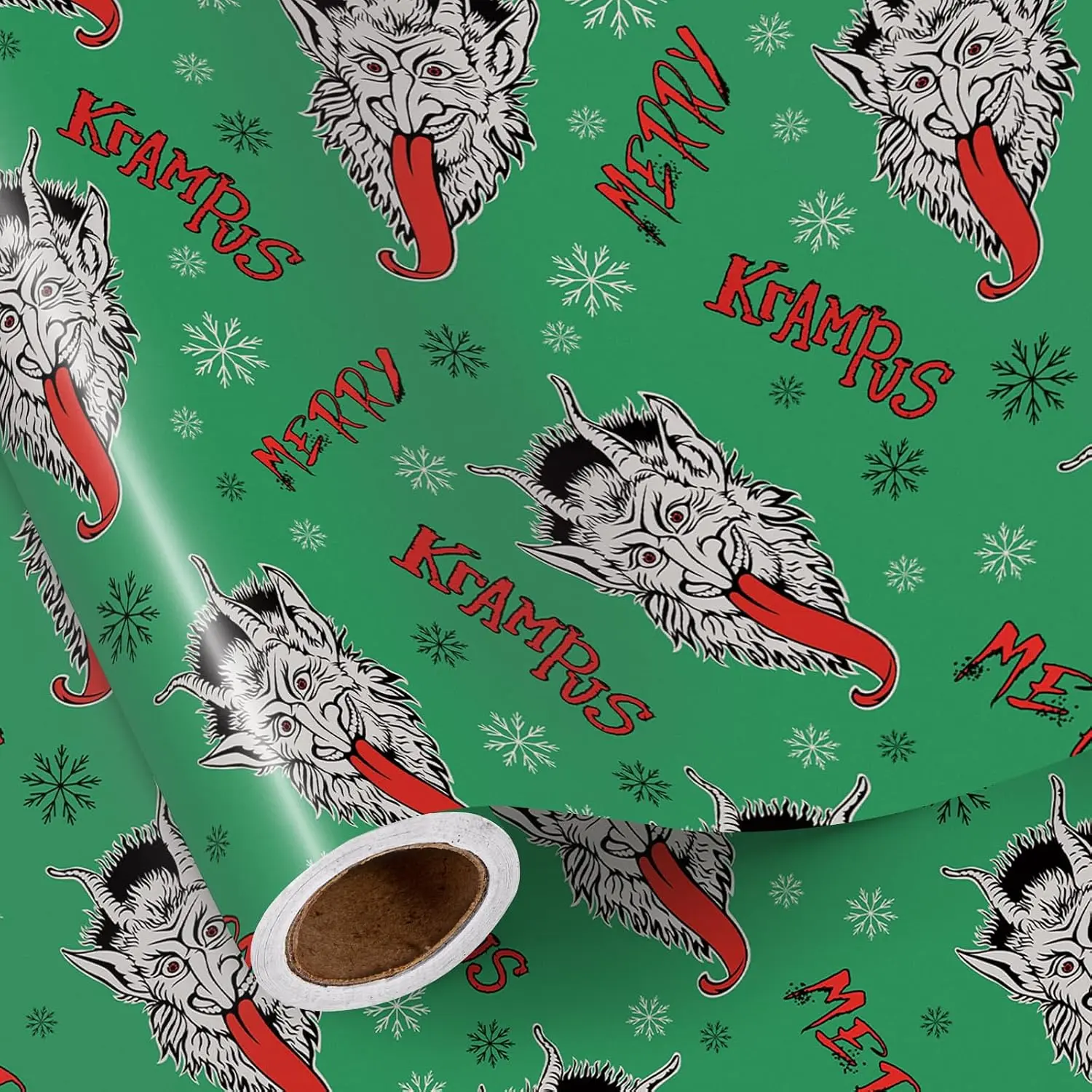 Krampus Christmas Wrapping Paper Roll, Mini Roll,  Krampus  and Gothic Merry Christmas Text, Green Creepy  Wrap for , Family, Xmas, Holiday Party, 17 Inches x 16.4