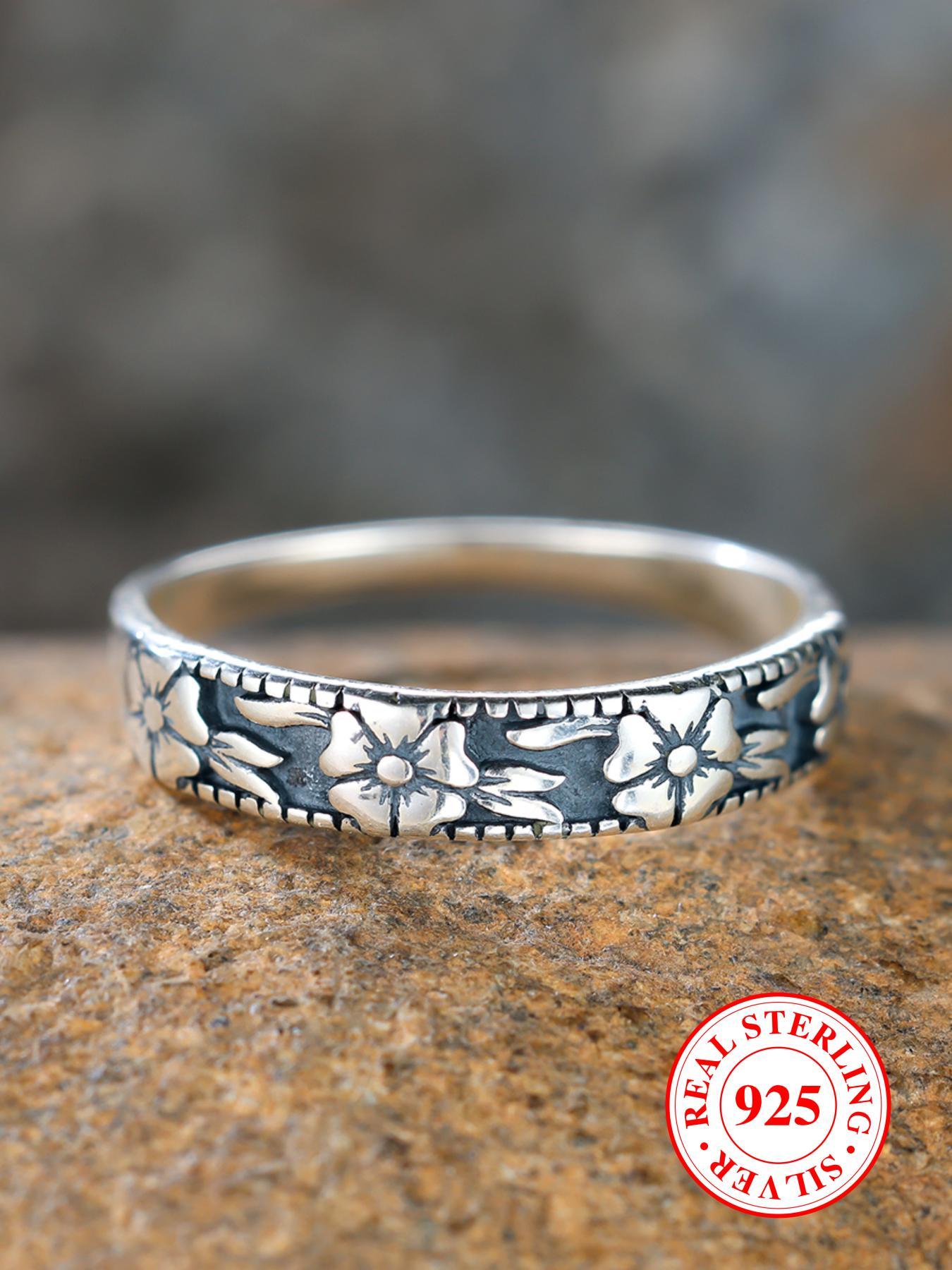 S925 Sterling Silver High Purity Material Vintage Flower Embossed Unique Embossing Ring, Unique Rings, Fashion Accessories for Women & Girls, Trendy All-match & Exquisite Jewelry for Birthday Gift