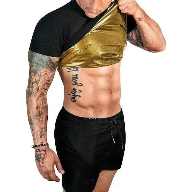 2025 Men'S Sauna Suit Shirt - Sweat Absorbent Compression Vest with Waistline, Quick-Dry Workout Top for Gym, Training & Casual Wear - All-Season Body Shaper Jacket in Black & Golden, Sleek Modern Design, Durable Sportswear, Sweat-Resistant Fabric,