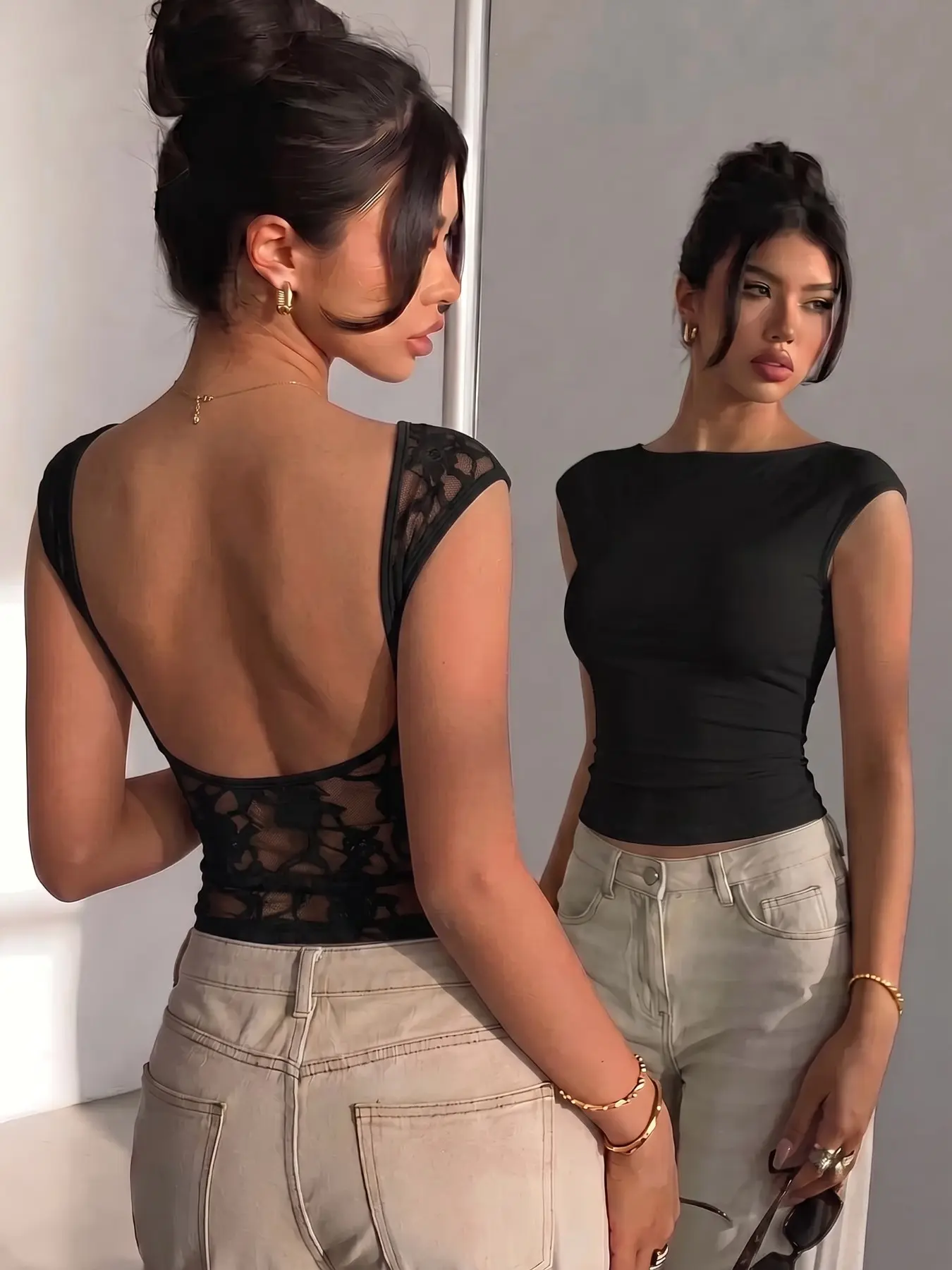 Women's Lace‑Spliced Large Open‑Back Shoulder‑Covered Cropped Top, Slim‑Fit French Sexy Versatile Undershirt for Daily Wear & Vacation