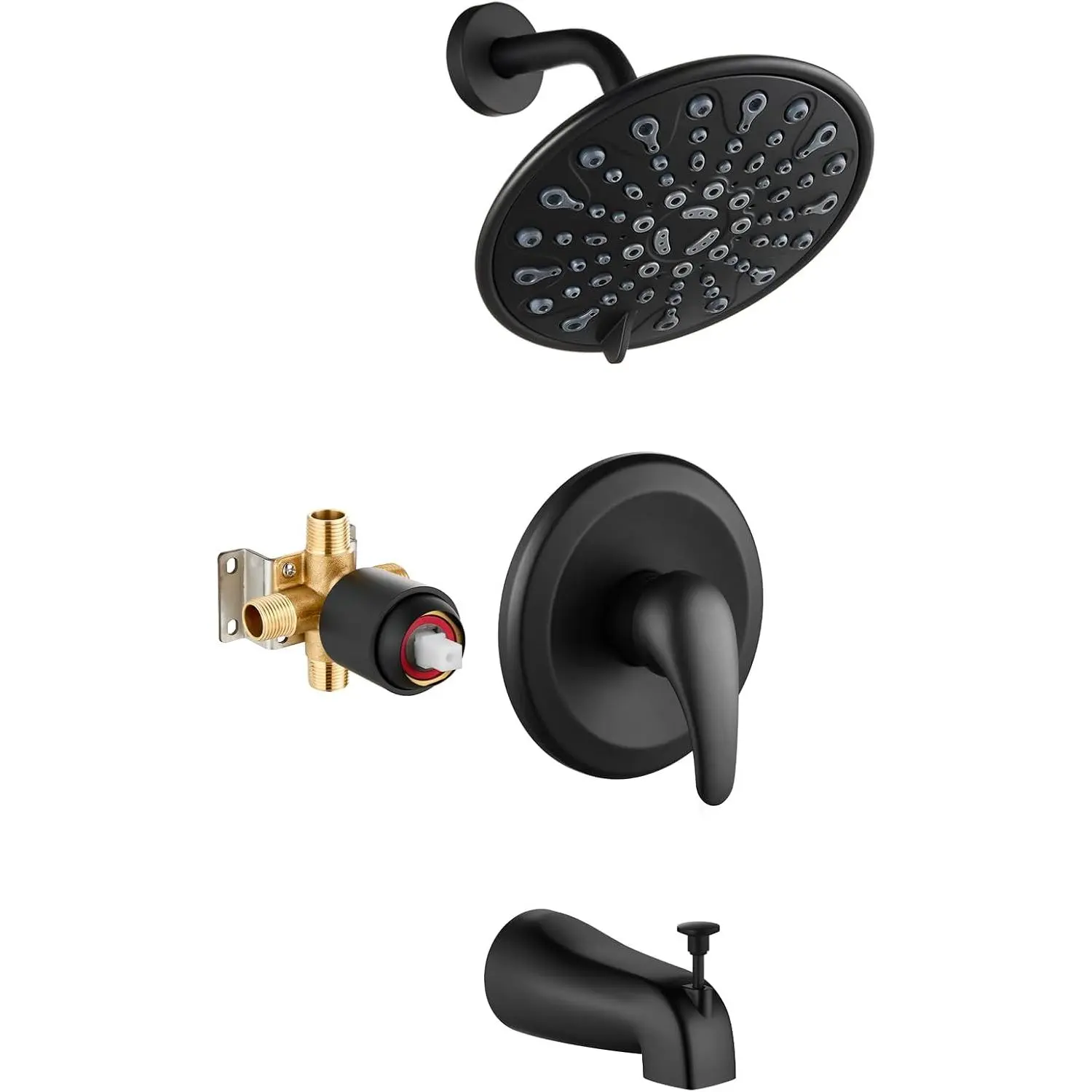 Bathtub Shower Faucet Set with Valve 6 Mode  Matte Black | 6’’ ABS Shower  and Handle Set,Metal Tub Spout,Single Handle,Bathroom Faucet Complete,Brass Valve and Trim Kit