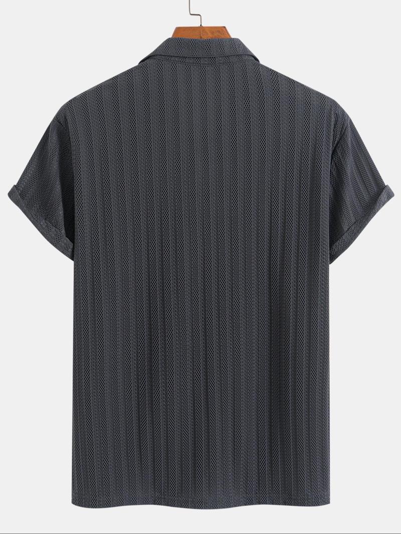 Men's Regular Fit Solid Jacquard Button Textured Polo Shirt, Casual Short Sleeve Polo Top for Summer, Fashion Men's Clothes for Daily Wear