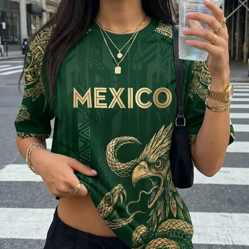 Men's Mexico Aztec Eagle Snake Graphic Soccer Jersey, Vintage Tribal Print Short Sleeve Football T-shirt, National Team Inspired Sports Top, 4 Colors Available, Casual Sports Jersey, Sports Tees