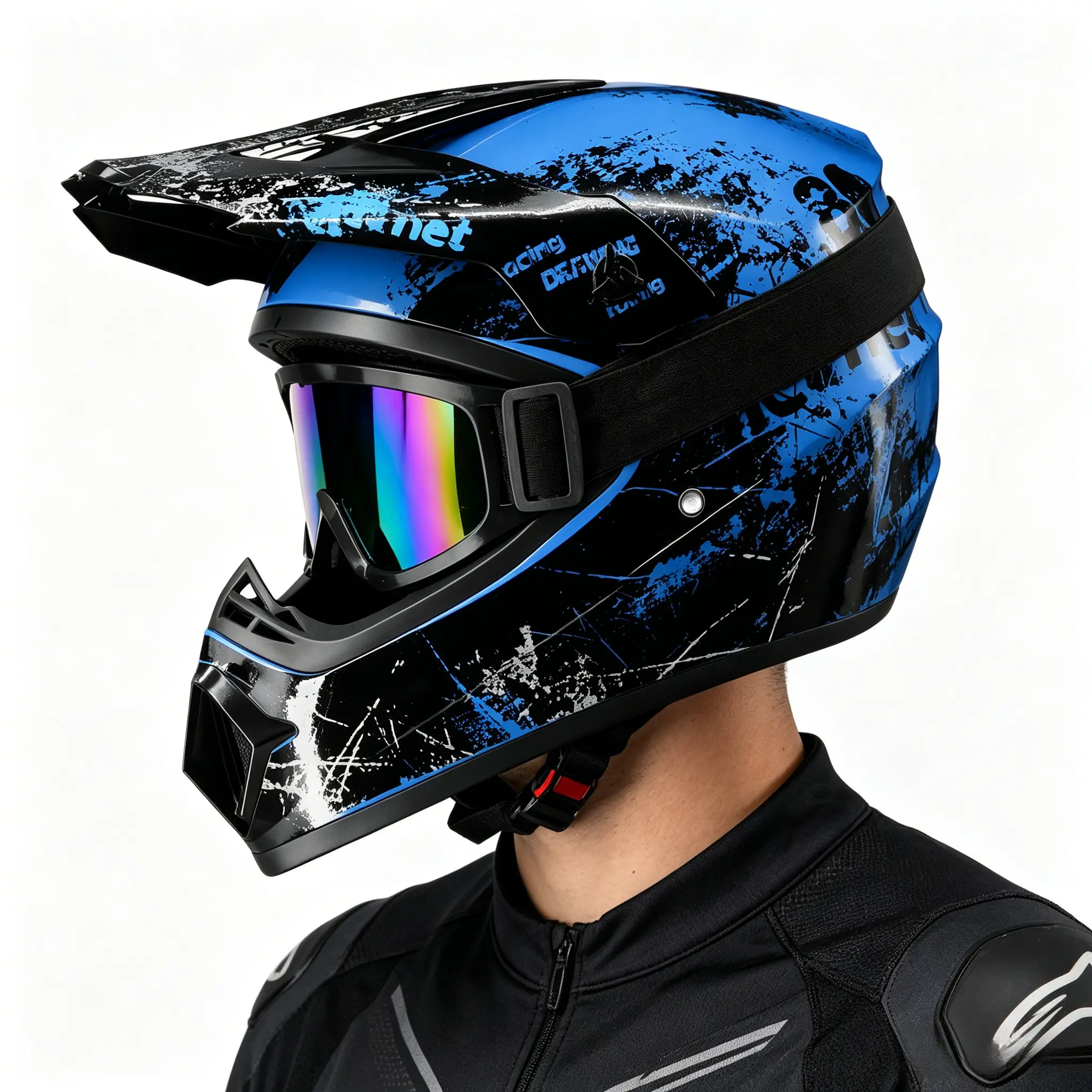 DOT Approved ABS Full Face Helmet Set with Integrated Visor, Goggles, Gloves, Neck Gaiter – Blue, Black, White Motocross Racing Protective Gear for ATV Offroad, Sporty Protective Gear, All Seasons, No