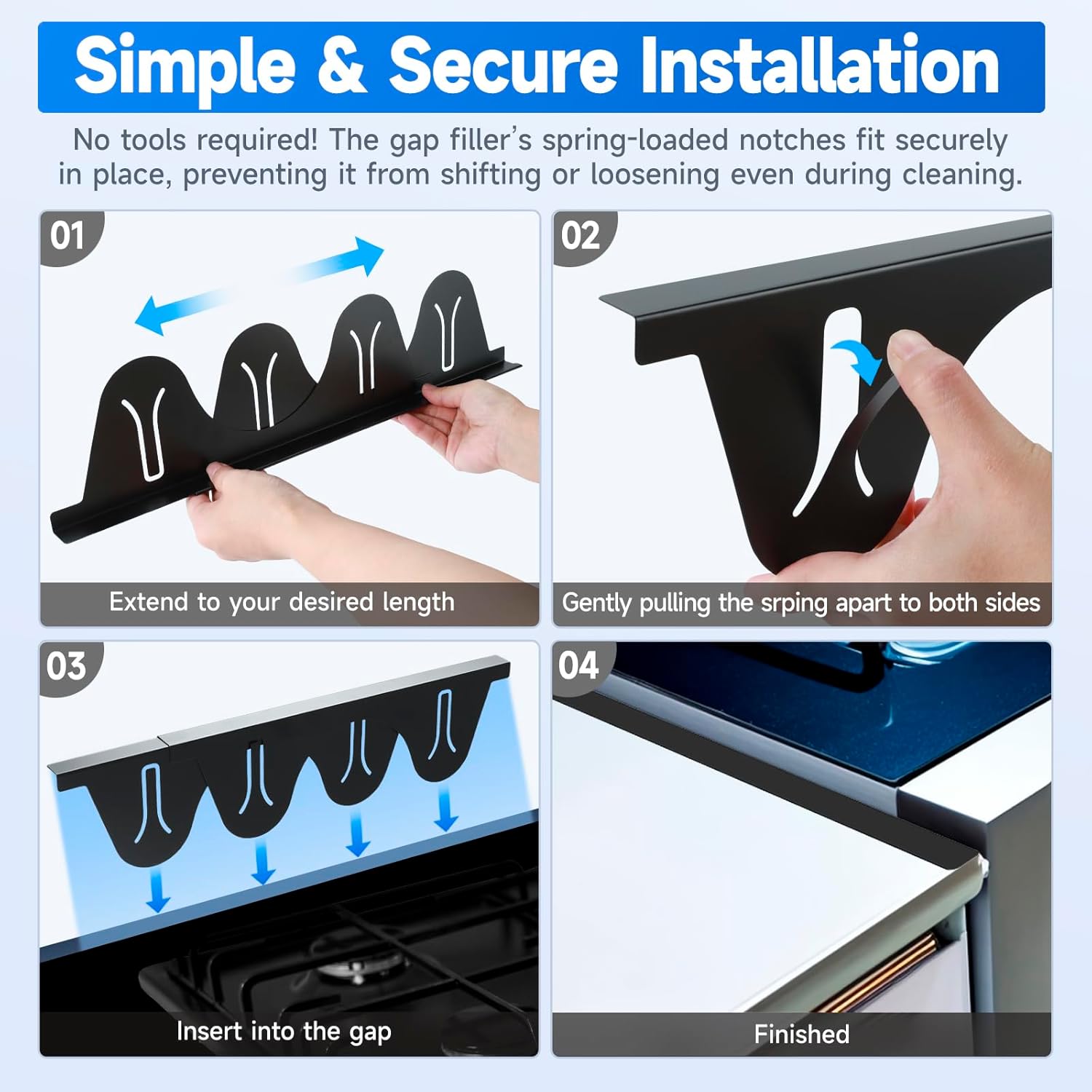 Stainless Steel Stove Gap Covers, Stove Gap Guard, Heat Resistant, Easy to Clean, Fits Stove & Countertop Gaps, Adjustable Length 13.8" to 27.5", Width 0.79" (Black)