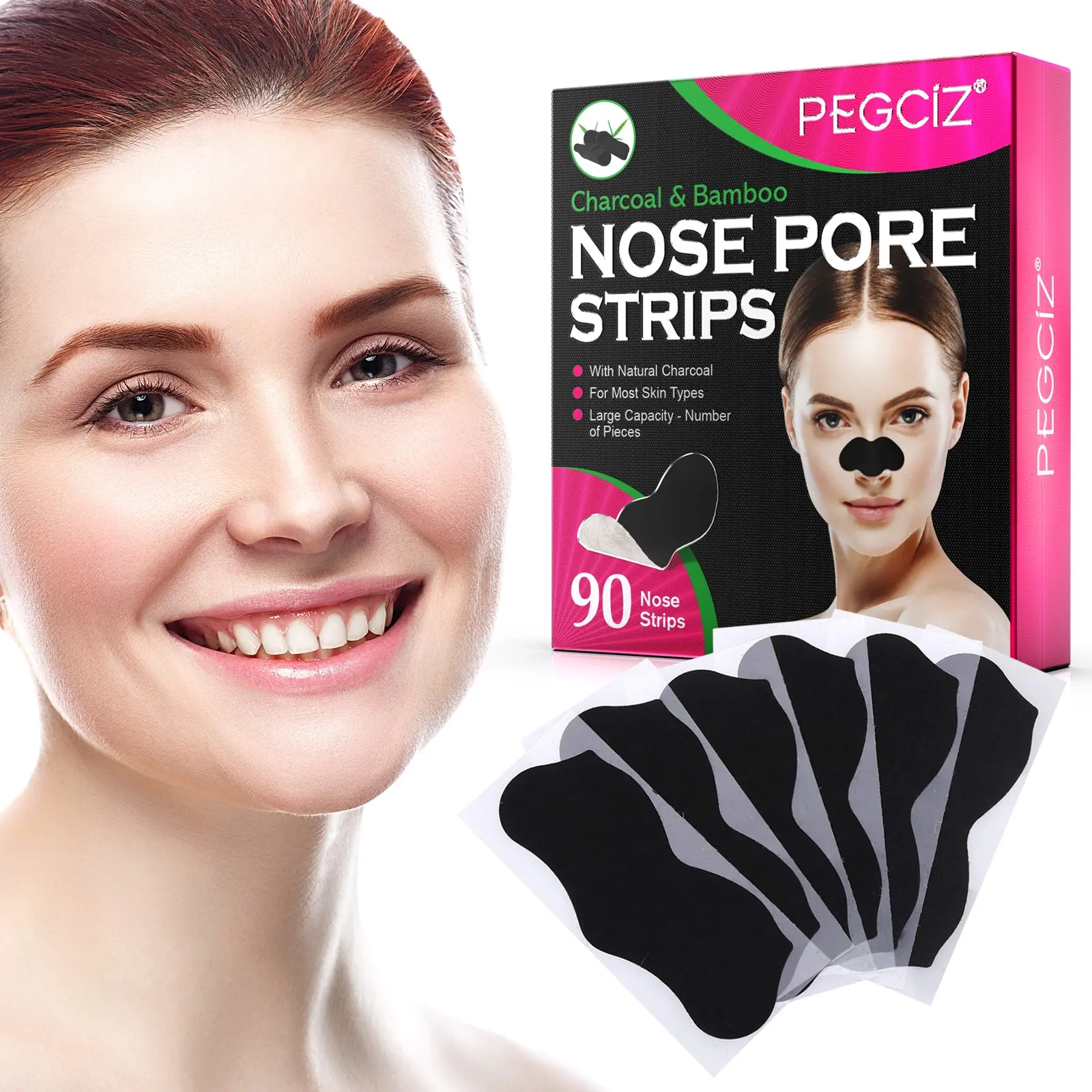 Pegciz Blackhead Remover Nose Patches, 90pcs Box, Deep Cleansing for Women, Gentle Safe Ingredients, Bamboo Charcoal Formula