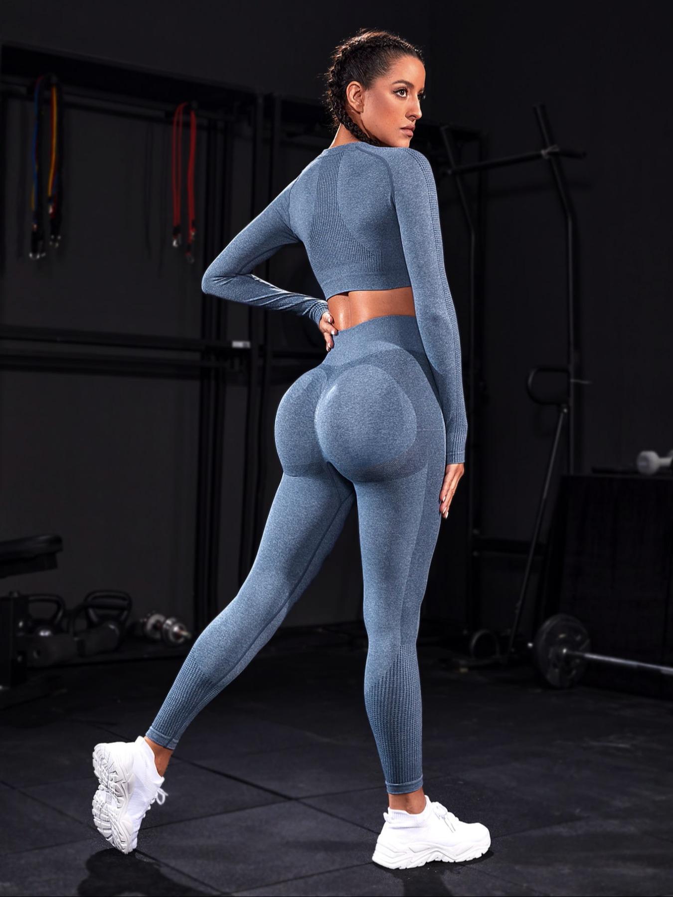 Two-piece Set Sporty Women's Plain Round Neck Crop Top & Ruched High Waist Leggings Tracksuit Set, Comfy Breathable Two-piece Outfits for Yoga Gym Running, Ladies Sportswear for All Seasons, Activewear, Athletic Wear, Gym Clothes Workout