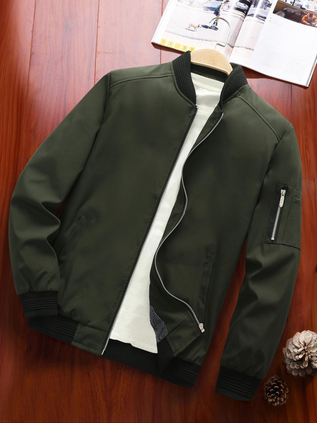 Men's Zipper Pocket Baseball Collar Varsity Jacket, Bomber Jacket Coat, Regular 2024 Mens Jacket, Casual Solid Color Baseball Jacket, Mock Neck Jacket, Going Out Outfit, Men's Streetwear Outerwear for Fall & Winter, Fall Clothes