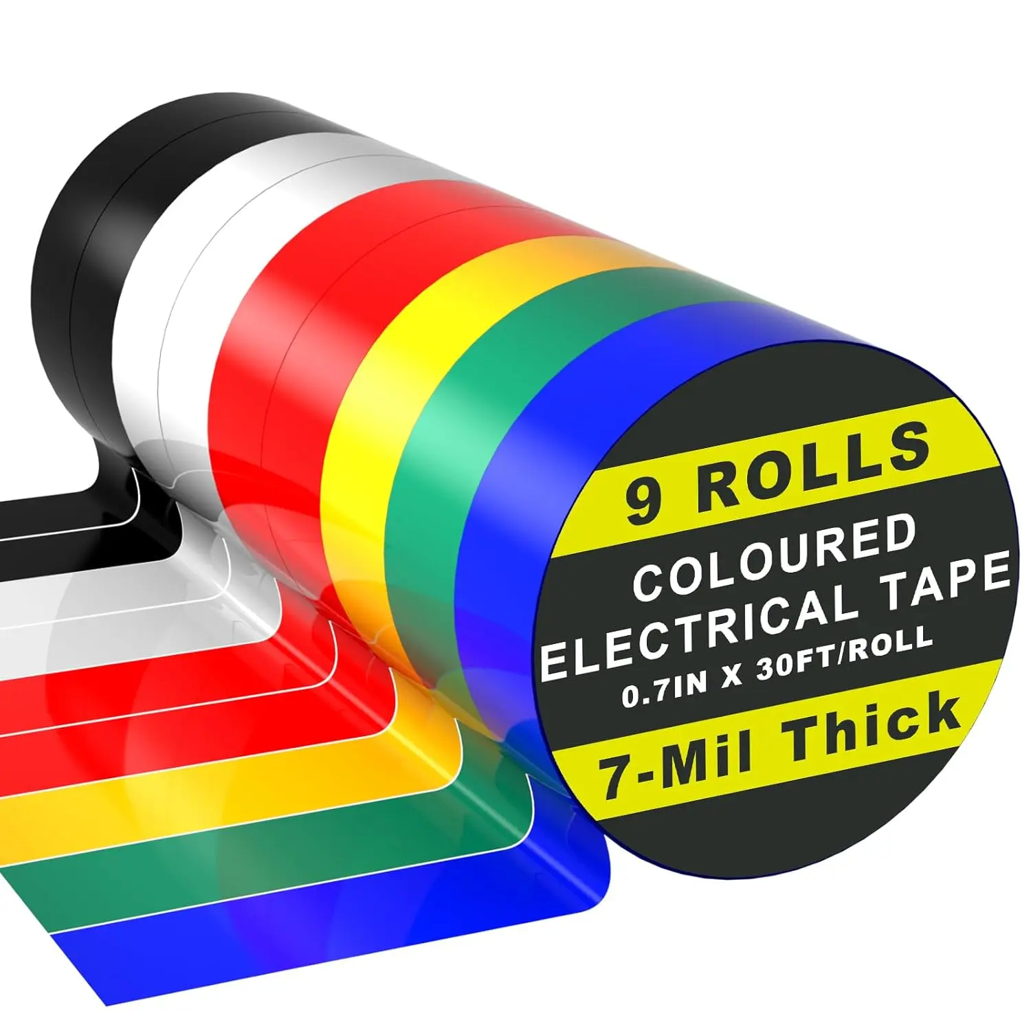 9 Rolls Colored Electrical Tape (0.7 Inch by 30 ) |  White Black Red Green Blue Yellow Electrical Tape, Suitable for , Commercial, and Industrial Use