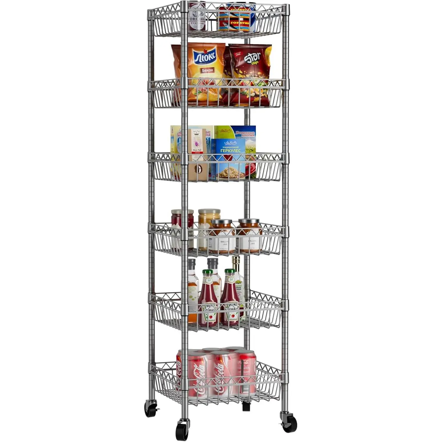 Basket Shelves Closet Rack with Wheels Metal Pantry Wire Shelf Unit | 6 tier Storage Rolling Shelving Bathroom Organizers Kitchen Garage Laundry Room Organization  13.6"Dx13.6"Wx63"H Grey
