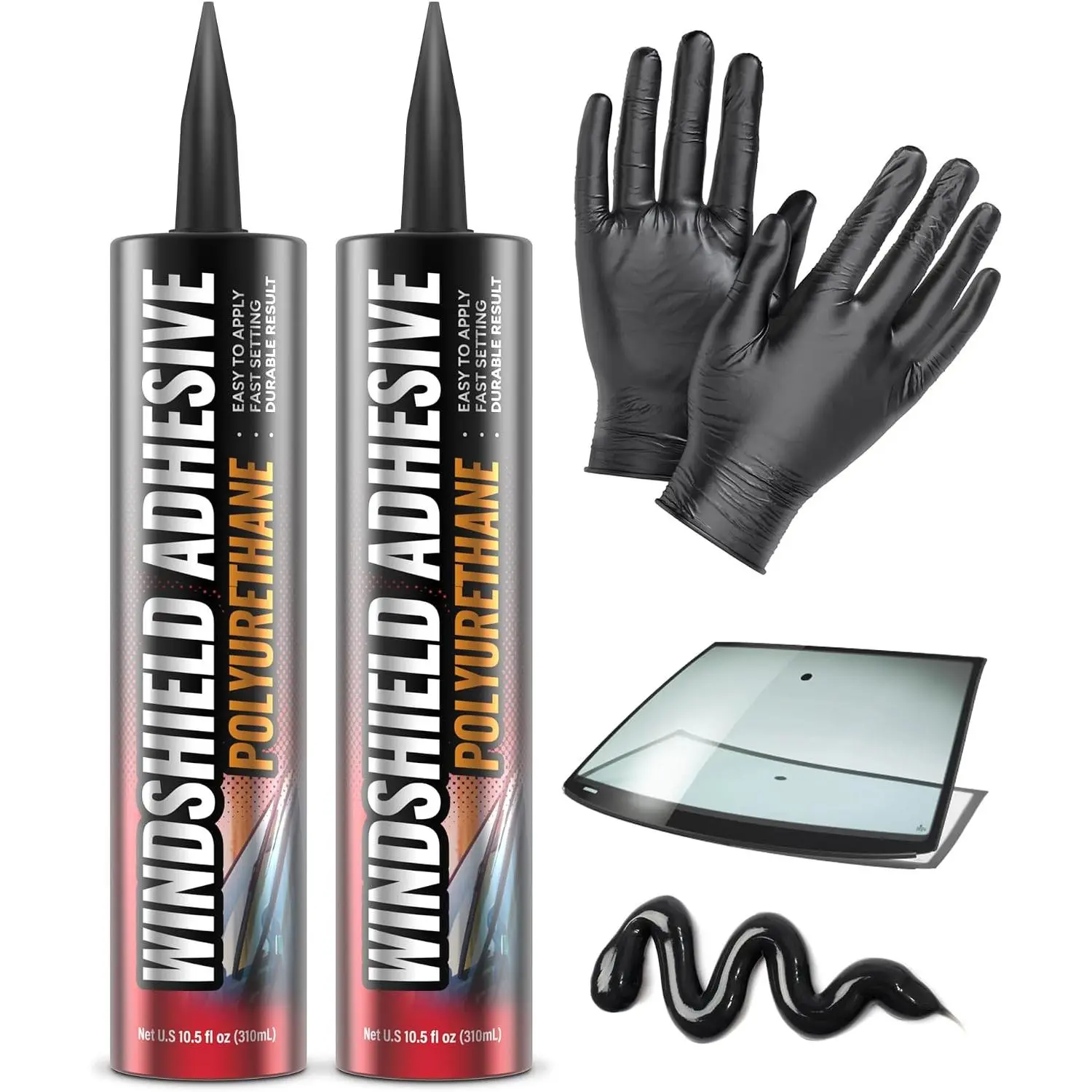 [2 Pack] Polyurethane Windshield Adhesive - Quick Curing & Weather Resistant Auto Glass Adhesive, Vertical & Overhead Application, Windshield Repair Kit with Gloves, Applicator Tip &  - 310ml