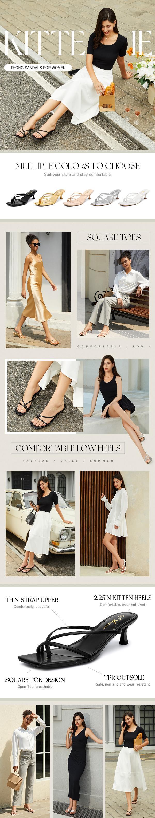 Athlefit Women's Strappy Kitten Heels Flip Flops Square Open Toe Low Heels Fashion Party Dress Thong Heeled Sandals Footwear Walking Shoes