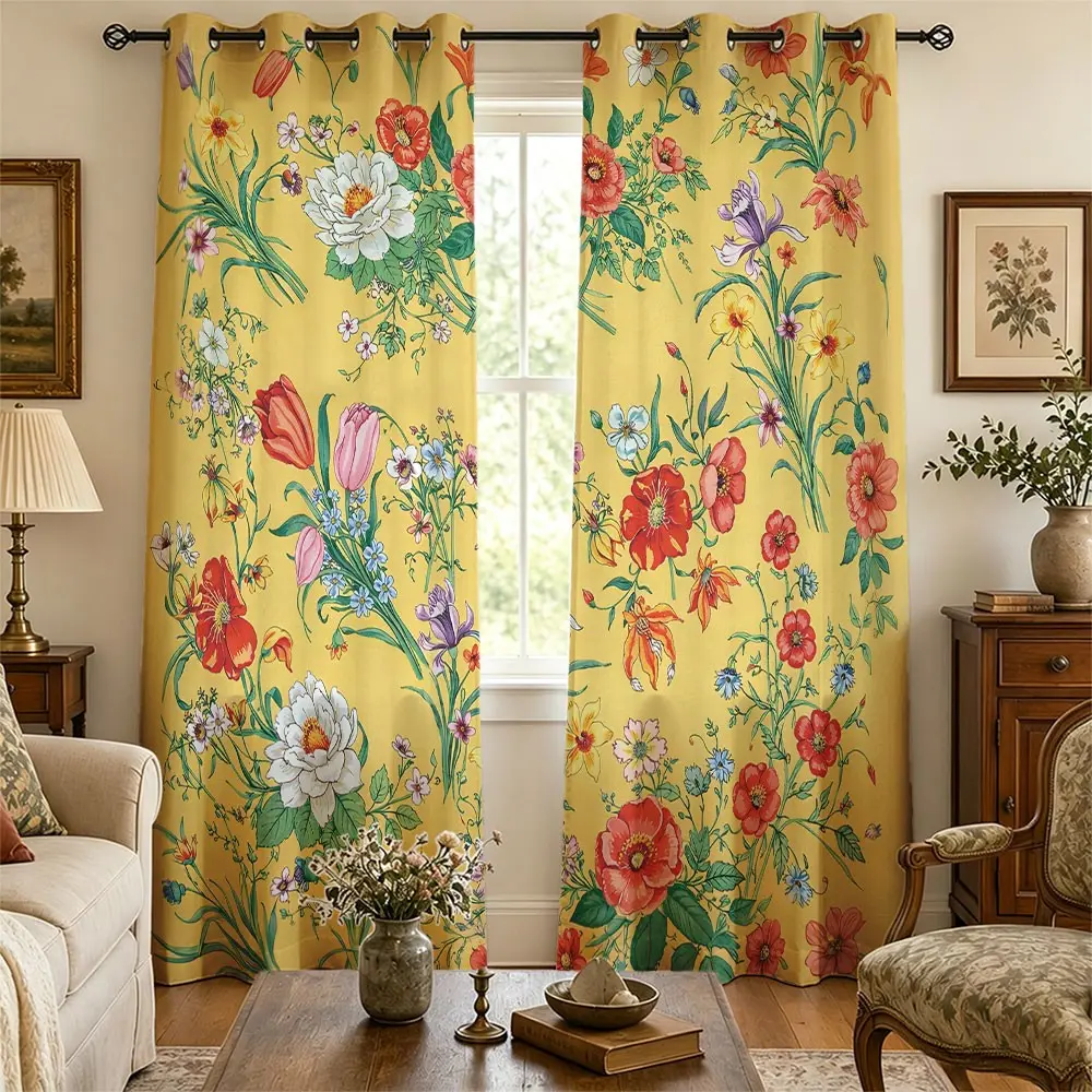 60-65% Light Blocking Grommet Curtains Floral, 2 Panels Retro Peony Tulip Iris Prints Pattern Sunshade Drapes, Thermal Insulated Window Treatments for Bedroom Vintage Apartment Decoration
